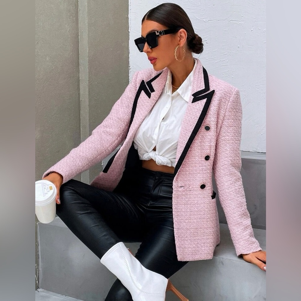 Contrast Binding Peak Collar Double Breasted Overcoat